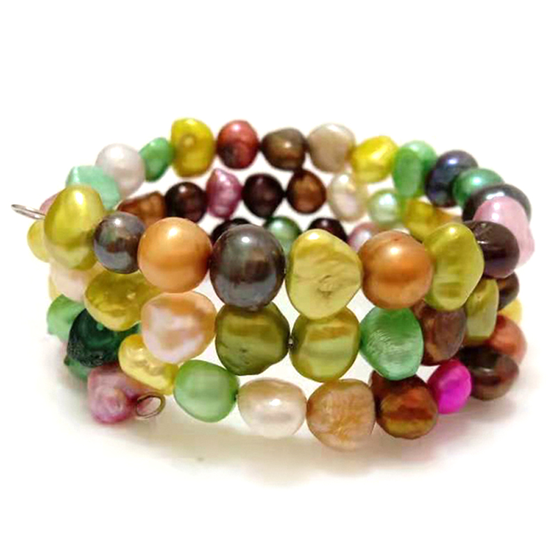 7.5-8mm 8-9mm Natural Rainbow Nugget Pearl Memeory Wire Bracelet