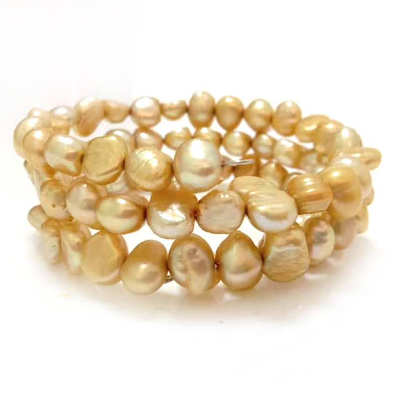 7.5-8mm 8-9mm Champagne Natural Nugget Pearl Memeory Wire Bracelet