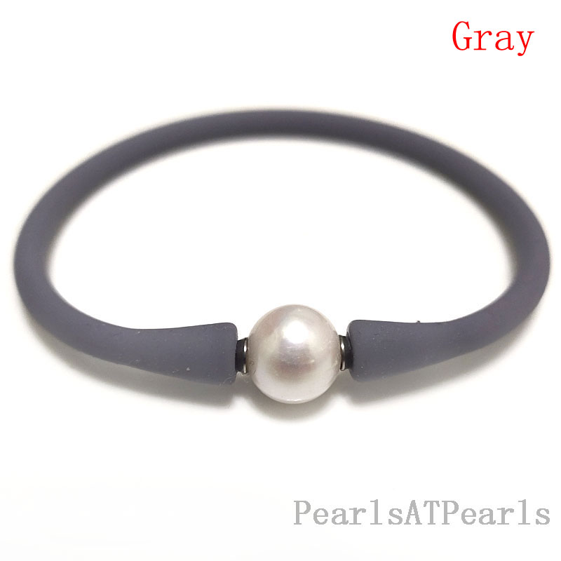 Wholesale 10-11mm One Natural Round Pearl Gray Rubber Silicone Bracelet