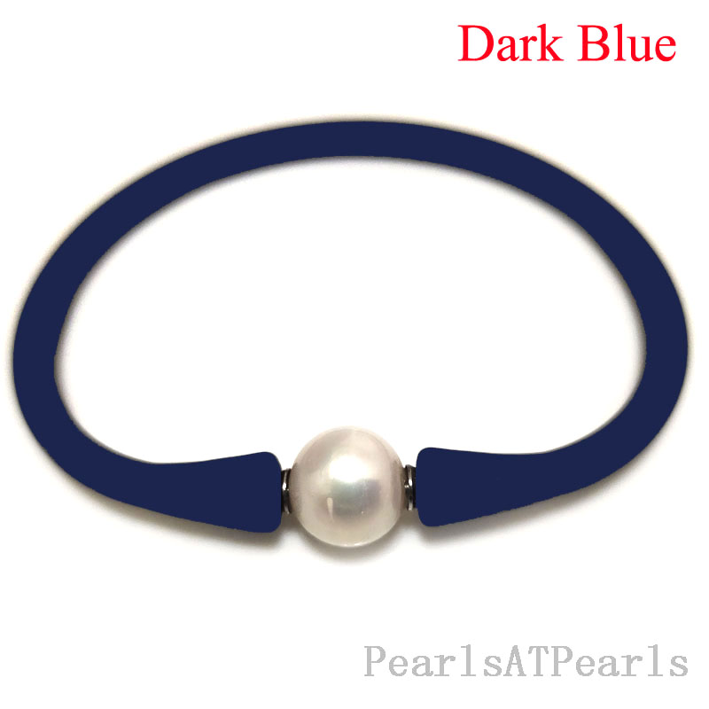 Wholesale 10-11mm One Natural Round Pearl Dark Blue Rubber Silicone Bracelet