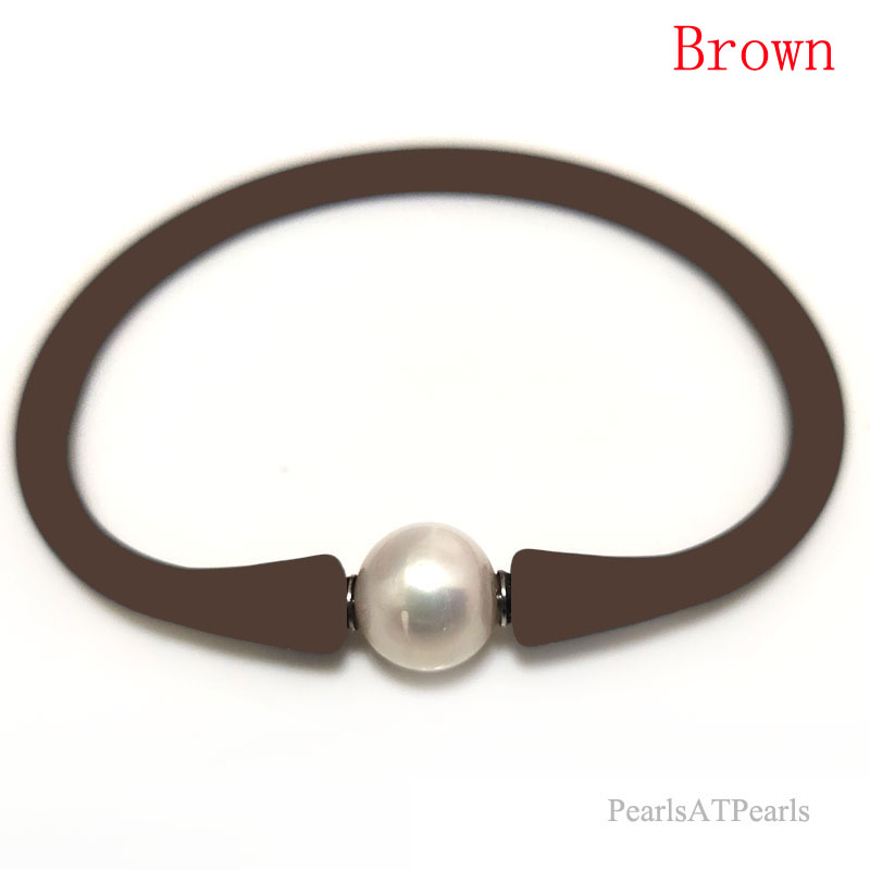 Wholesale 10-11mm One Natural Round Pearl Brown Rubber Silicone Bracelet