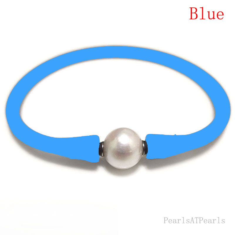 Wholesale 10-11mm One Natural Round Pearl Blue Rubber Silicone Bracelet