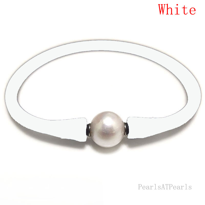 Wholesale 10-11mm One Natural Round Pearl White Rubber Silicone Bracelet
