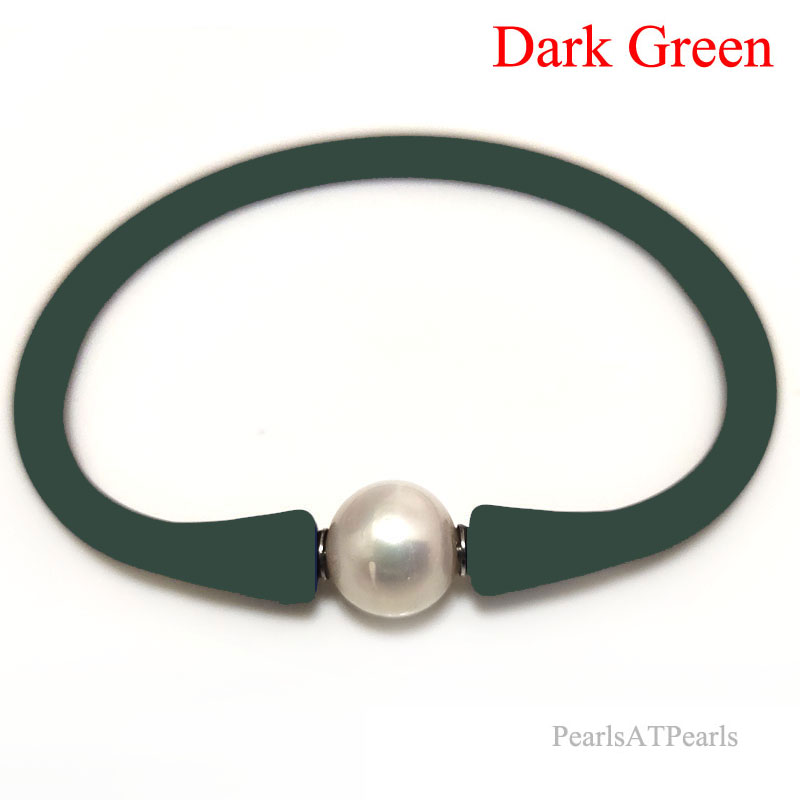 Wholesale 7 inches 10-11mm One Natural Round Pearl Dark Green Rubber Silicone Bracelet