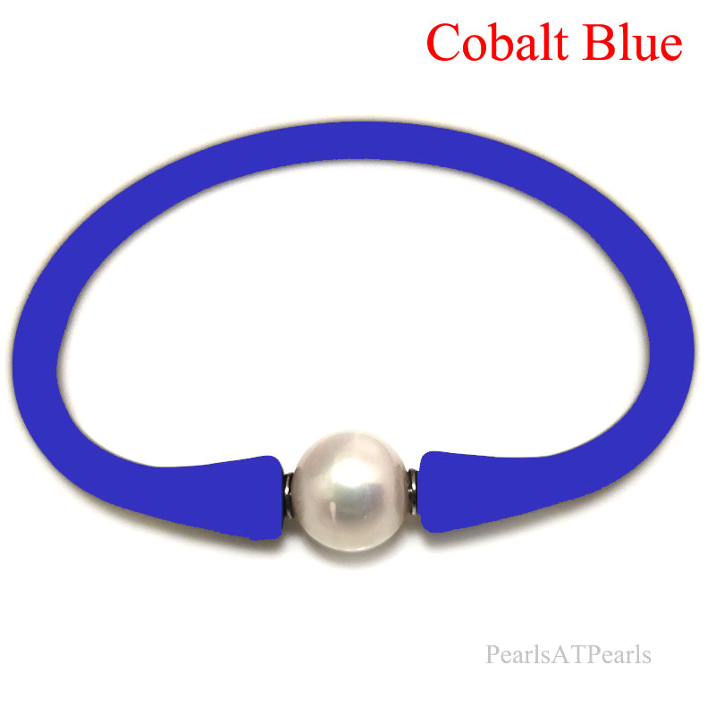Wholesale 10-11mm One Natural Round Pearl Cobalte Blue Rubber Silicone Bracelet