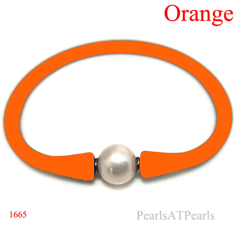 Wholesale 10-11mm One Natural Round Pearl Orange Rubber Silicone Bracelet