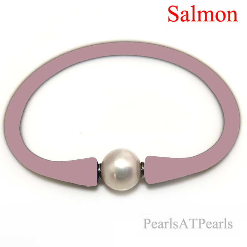 Wholesale 10-11mm One Natural Round Pearl Salmon Rubber Silicone Bracelet