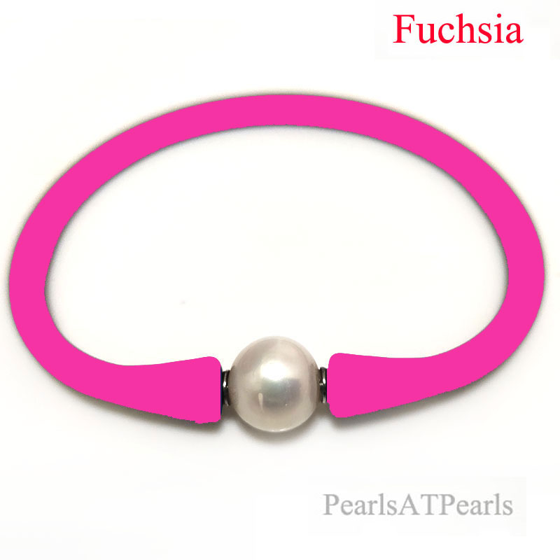 Wholesale 10-11mm One Natural Round Pearl Fuchsia Rubber Silicone Bracelet