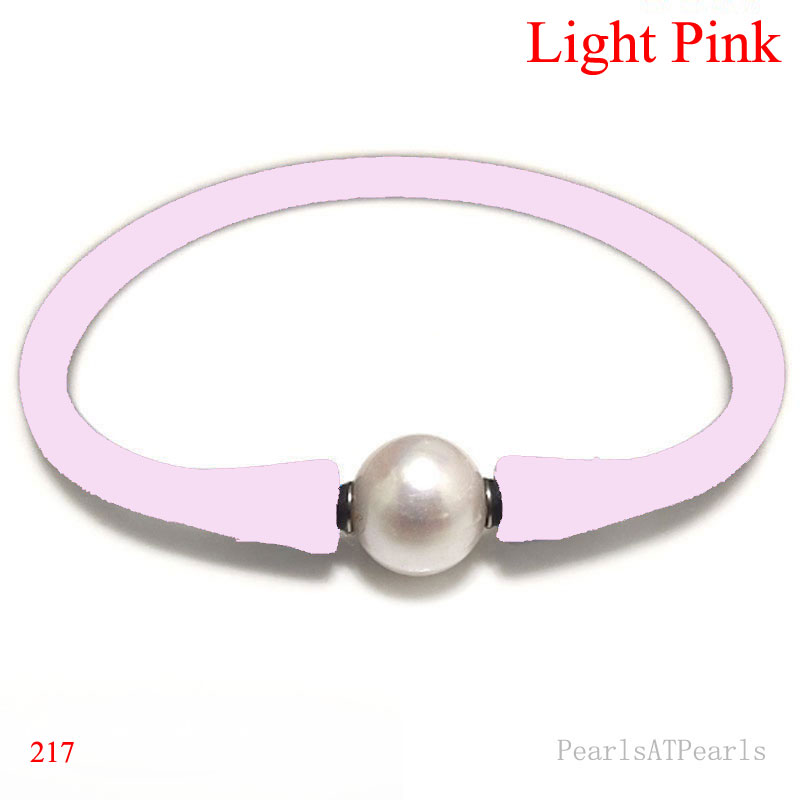 Wholesale 10-11mm One Natural Round Pearl Light Pink Rubber Silicone Bracelet