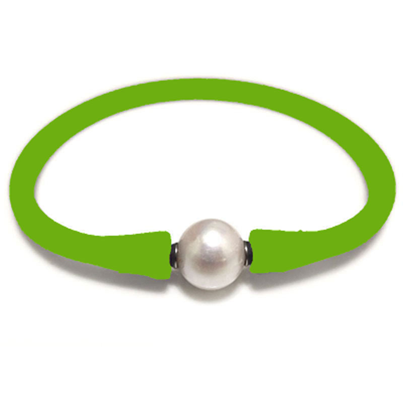 Wholesale 10-11mm One Natural Round Pearl Lime Green Rubber Silicone Bracelet