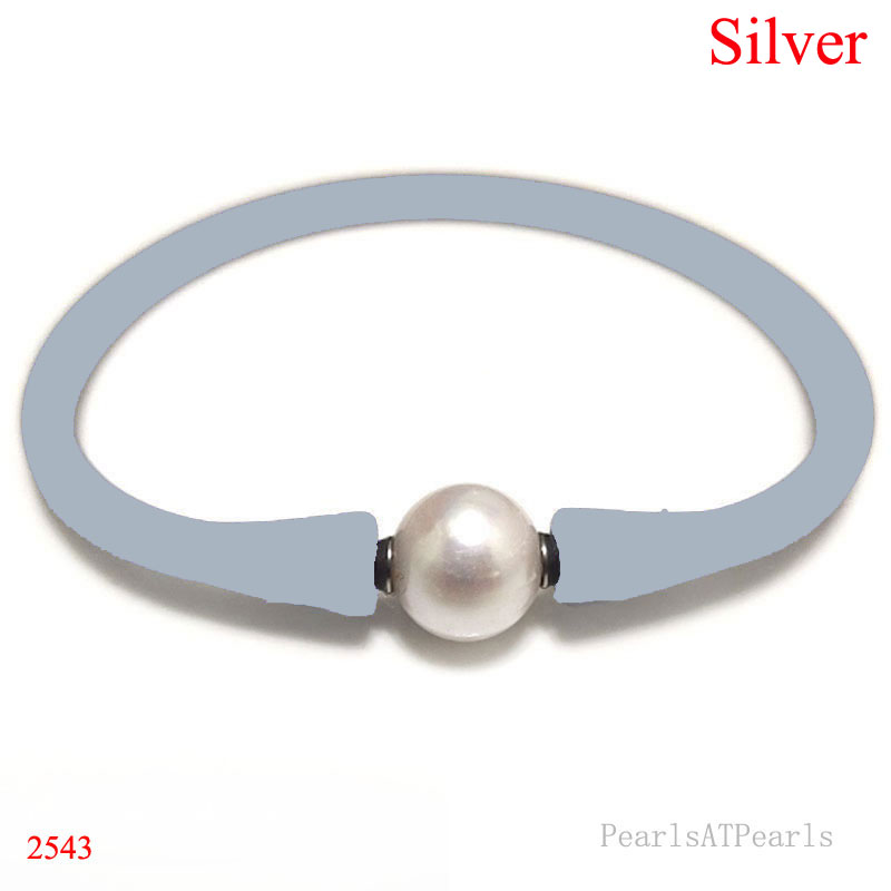Wholesale 10-11mm One Natural Round Pearl Silver Rubber Silicone Bracelet
