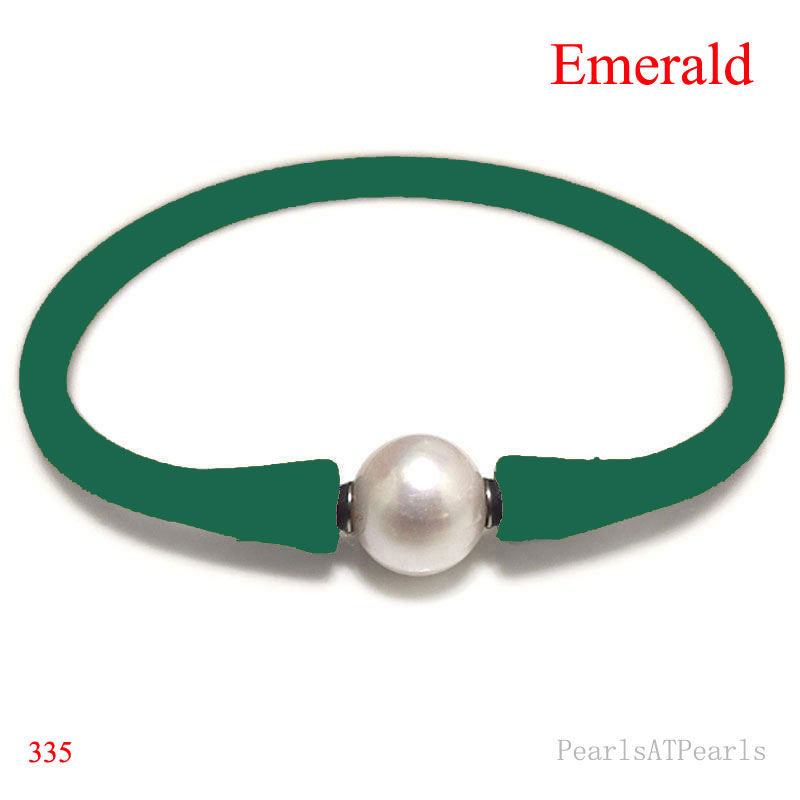 Wholesale 10-11mm One Natural Round Pearl Emerald Rubber Silicone Bracelet
