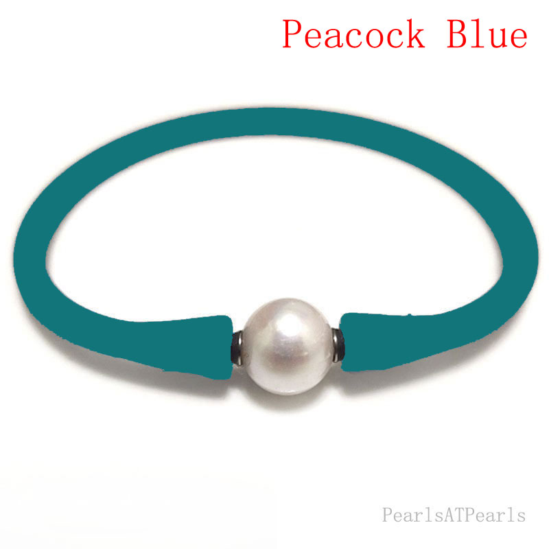 Wholesale 10-11mm One Natural Round Pearl Peacock Blue Rubber Silicone Bracelet