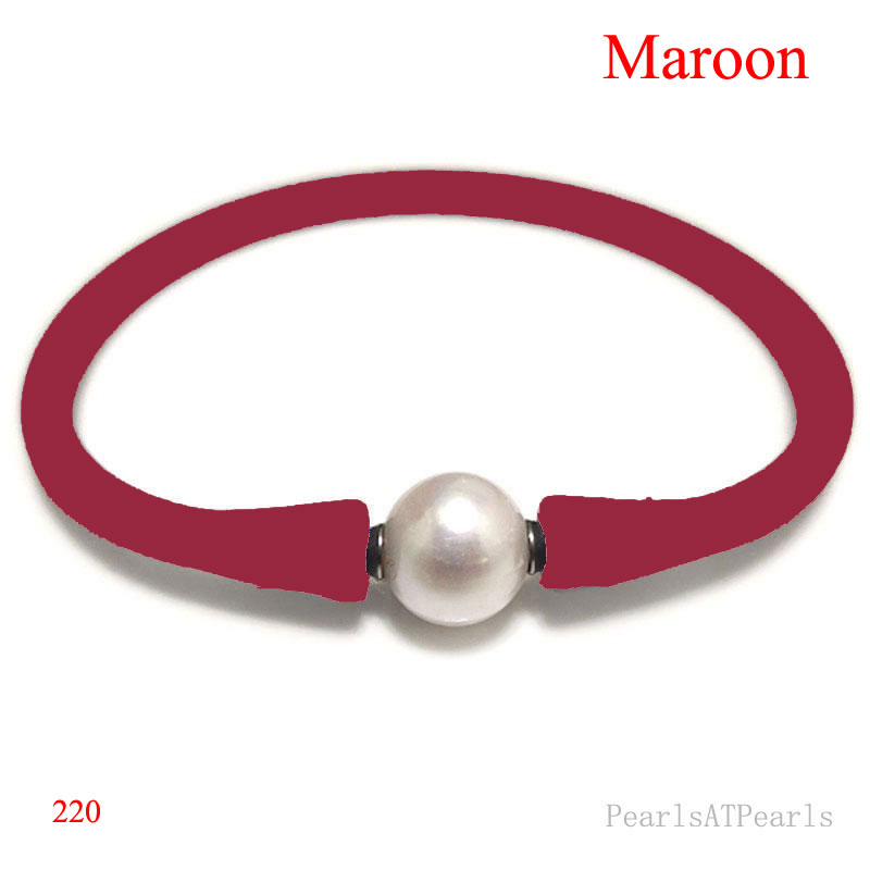 Wholesale 10-11mm One Natural Round Pearl Maroon Rubber Silicone Bracelet