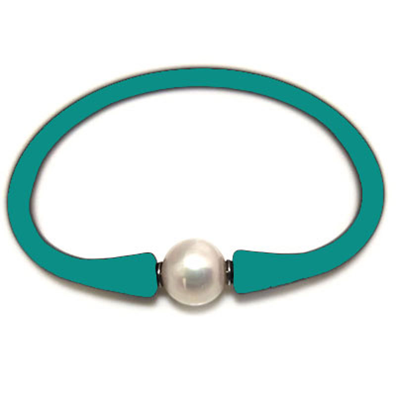 Wholesale 10-11mm One Natural Round Pearl Teal Rubber Silicone Bracelet