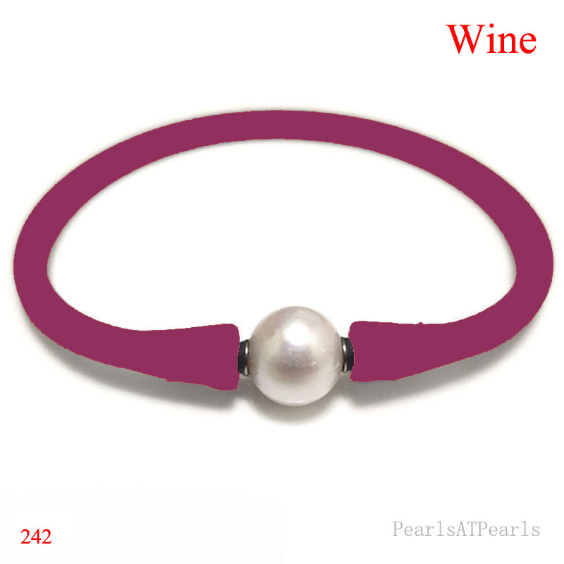 Wholesale 10-11mm One Natural Round Pearl Wine Rubber Silicone Bracelet