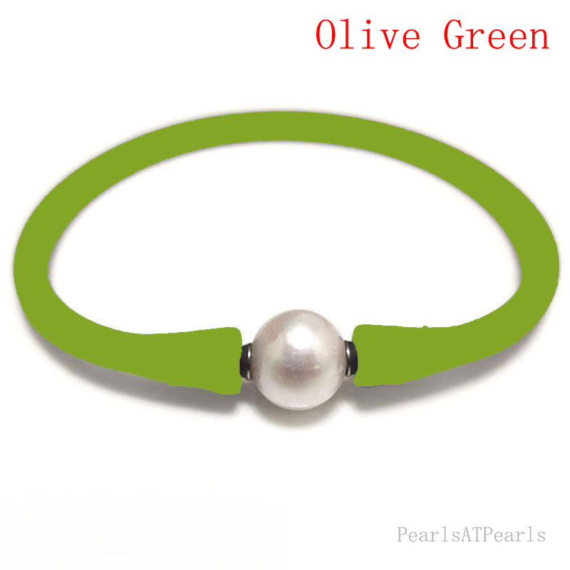 Wholesale 10-11mm One Natural Round Pearl Olive Green Rubber Silicone Bracelet