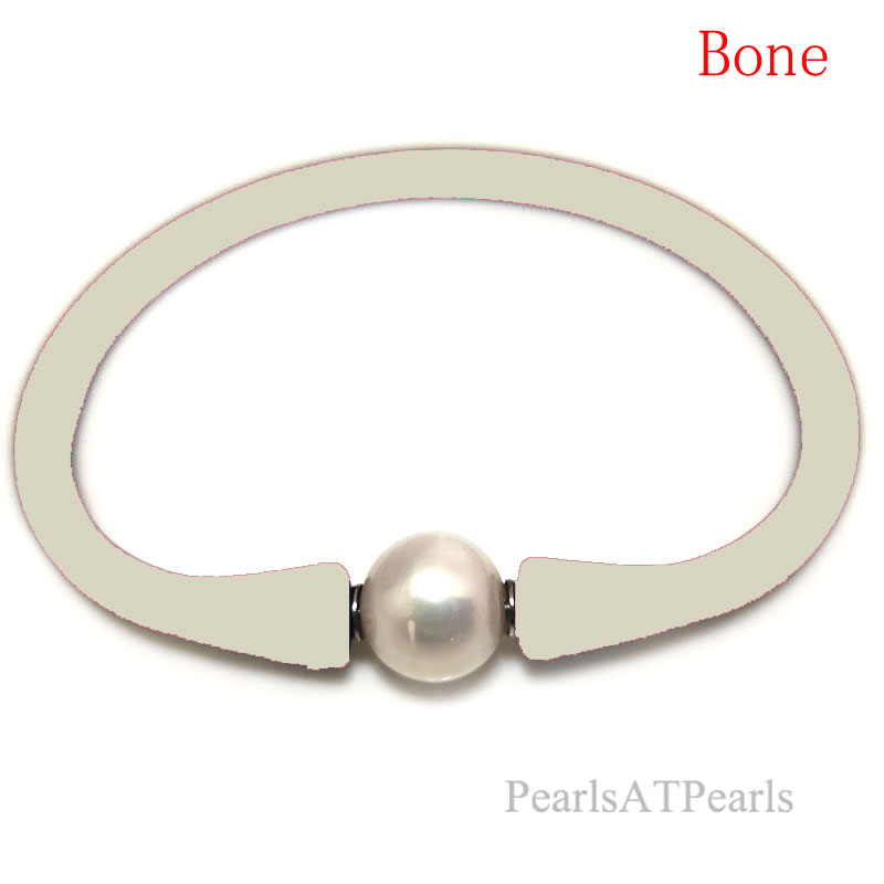 Wholesale 10-11mm One Natural Round Pearl Bone Rubber Silicone Bracelet