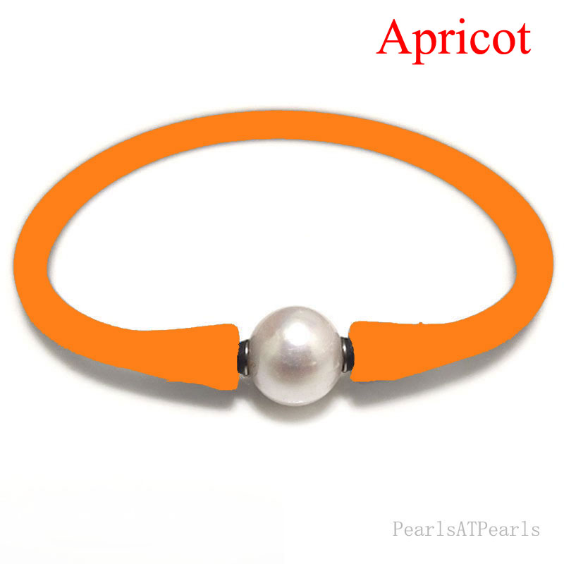 Wholesale 10-11mm One Natural Round Pearl Apricot Rubber Silicone Bracelet