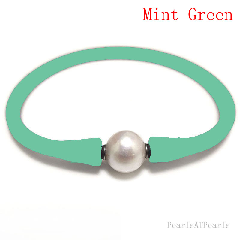 Wholesale 10-11mm One Natural Round Pearl Mint Green Rubber Silicone Bracelet