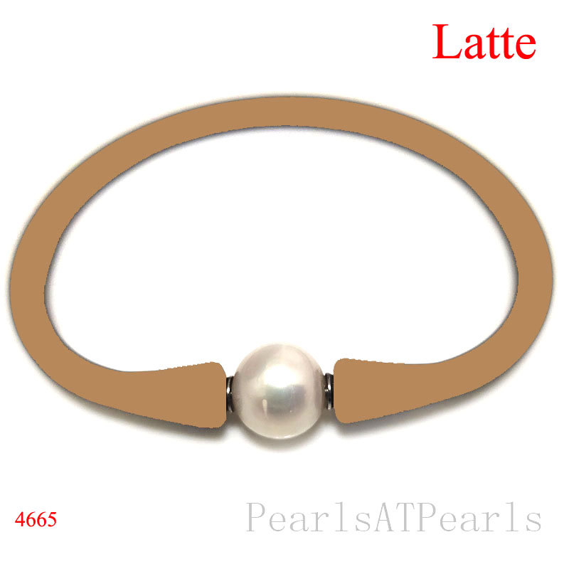 Wholesale 10-11mm One Natural Round Pearl Latte Rubber Silicone Bracelet