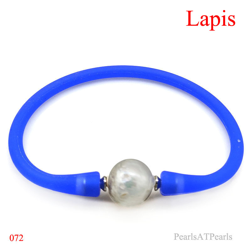 Wholesale 10-11mm One Natural Round Pearl Lapis Rubber Silicone Bracelet