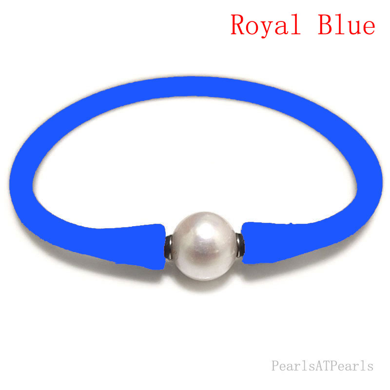 Wholesale 10-11mm One Natural Round Pearl Royal Blue Rubber Silicone Bracelet