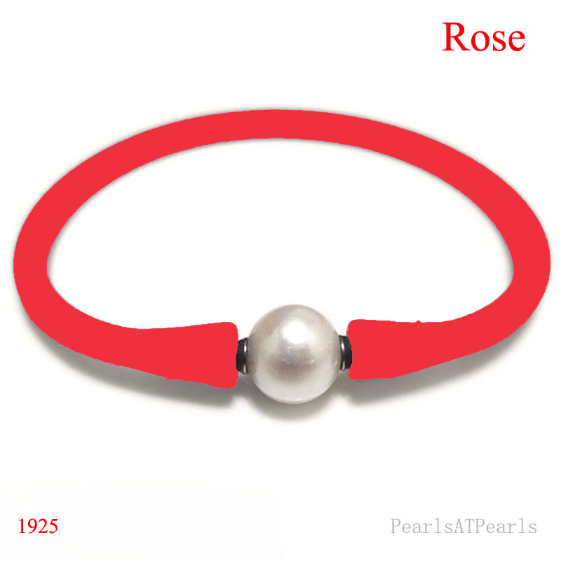 Wholesale 10-11mm One Natural Round Pearl Rose Rubber Silicone Bracelet