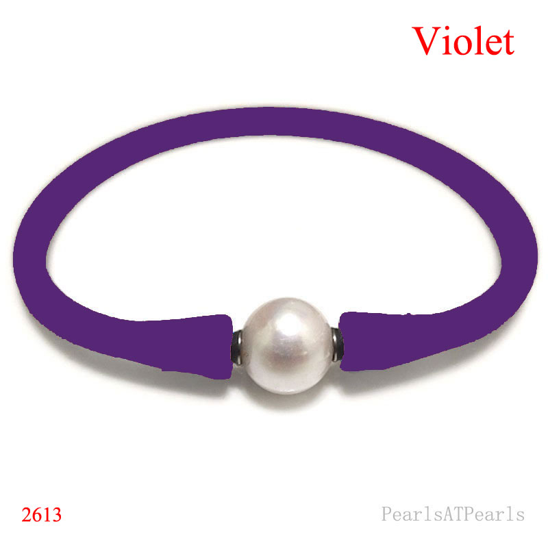 Wholesale 10-11mm One Natural Round Pearl Violet Rubber Silicone Bracelet