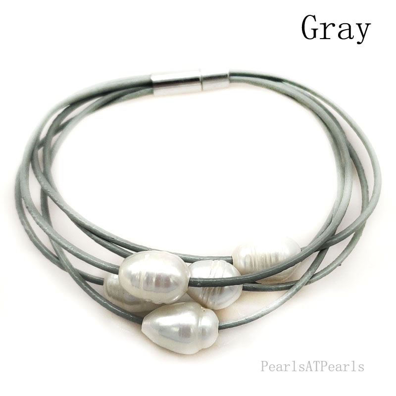 Wholesale 7.5 inches 5 rows Gray Leather Cord Rice Pearl Bracelet