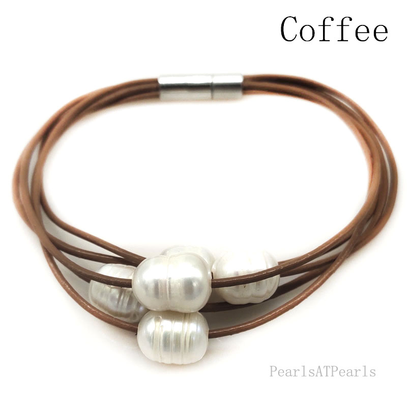 Wholesale 7.5 inches 5 rows Coffee Leather Cord Rice Pearl Bracelet