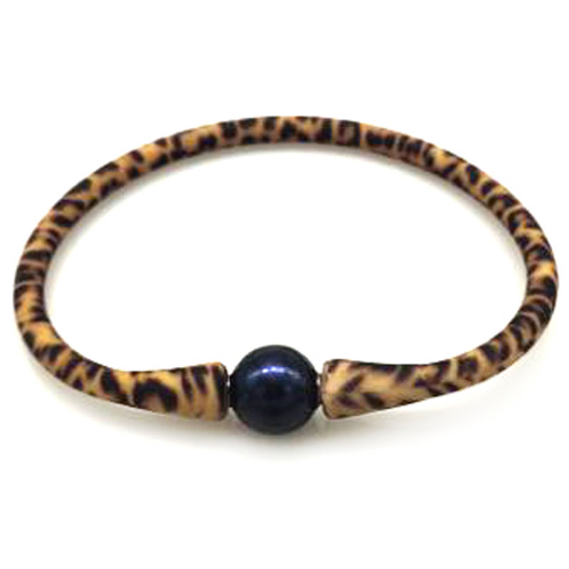Wholesale 7.5 inches 10-11mm One Natural Round Pearl Leopard Print Rubber Silicone Bracelet