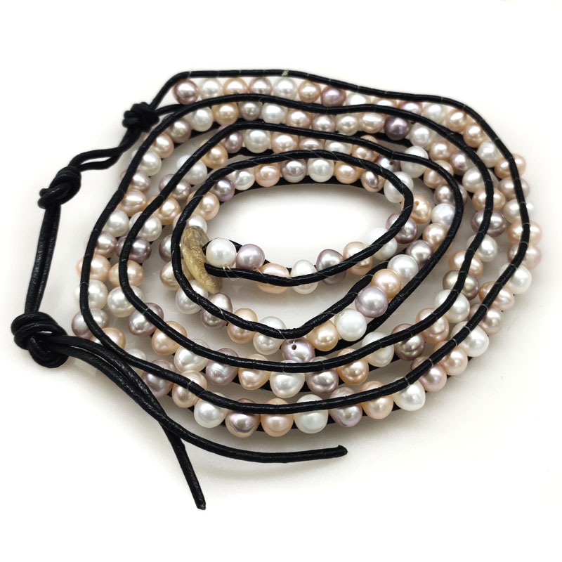 27 inches 6-7mm Multicolor Pearls Black Leather Friendship Bracelet