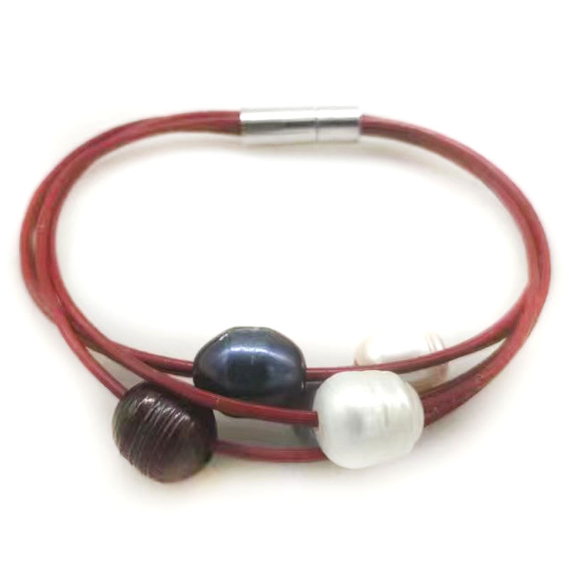 7.5 inches 5 Rows Red Leather 9-10mm Natural Oval Pearl Bracelet