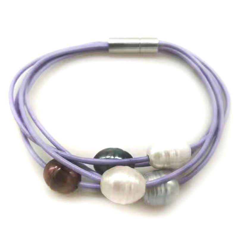 7.5 inches 5 Rows Lilac Leather 9-10mm Natural Oval Pearl Bracelet