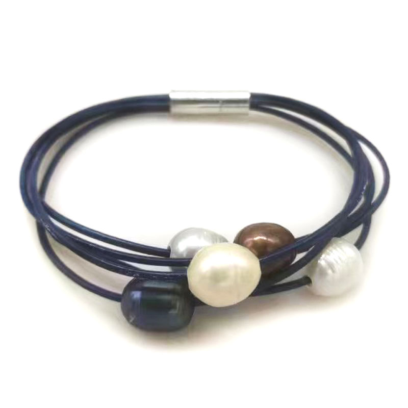 7.5 inches 5 Rows Dark Blue Leather 9-10mm Natural Oval Pearl Bracelet