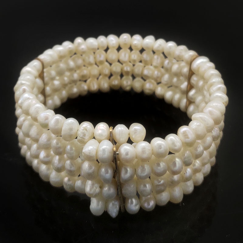 7 inches 4 Rows Memory Wire Natural White 4-5mm Button Pearl Bangle