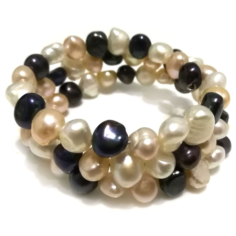 7.5-8 inches 7-8mm White-Pink-Black Baroque Pearl Memory Wire Bracelet