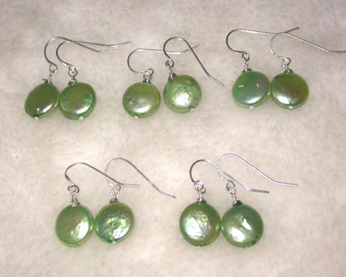 Wholesale 12-13mm Light Green Coin Pearl 925 Sterling Silver Hook Earring,Sold by Pair