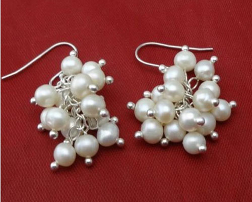 Grape Style 5-6 mm White Round Pearl 925 Sterling Silver Drop Earring