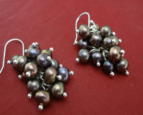 Grape Style 5-6mm Black Rice Pearl 925 Sterling Silver Drop Earring