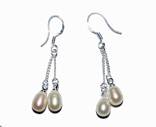 7-8mm Double Drop White Rice Pearl Earring with 925 Silver Hook Earring
