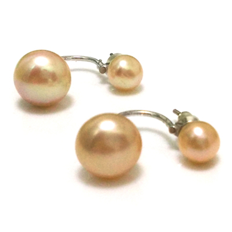 7mm & 10mm Natural Pink Button Pearl Double Sided 925 Silver Earring