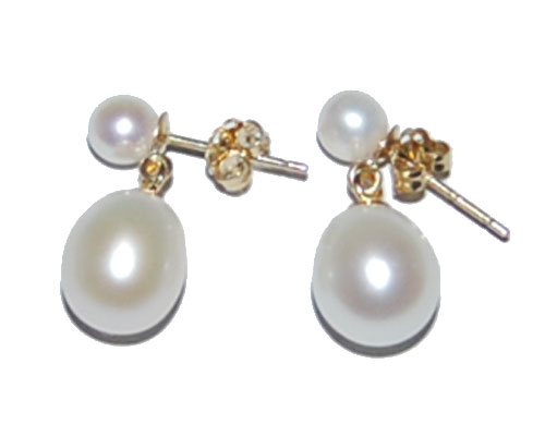 7-8mm&4-5mm White Pearl Earrings with 14K Yellow Gold Stud