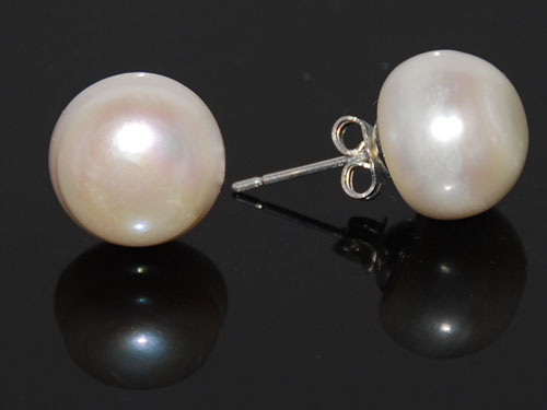 13-14mm White Button Pearl Stud Earring,Sold by Pair