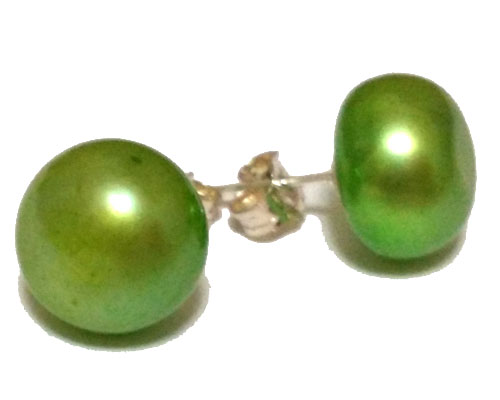 11-12mm Green Button Pearl Stud Earring,Sold by Pair
