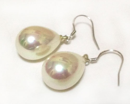 13X19mm White Raindrop Shell Pearl Earring with 925 Silver Hook