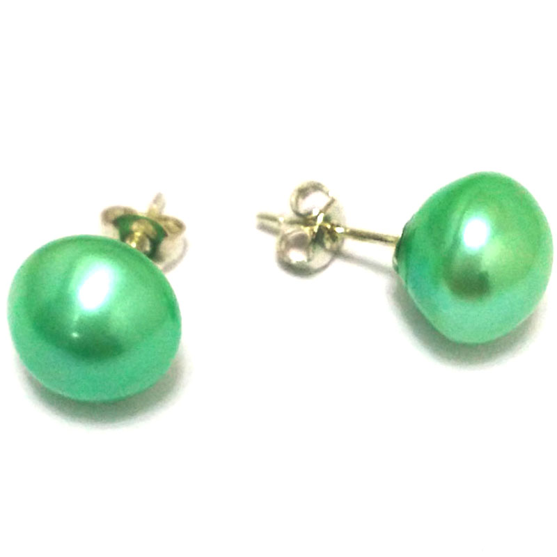11-12mm Light Green Natural Button Pearl Stud Earring,Sold by Pair