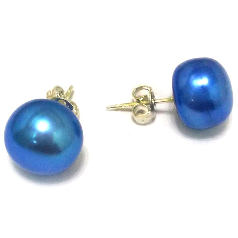 11-12mm Blue Natural Freshwater Button Pearl Stud Earring,Sold by Pair