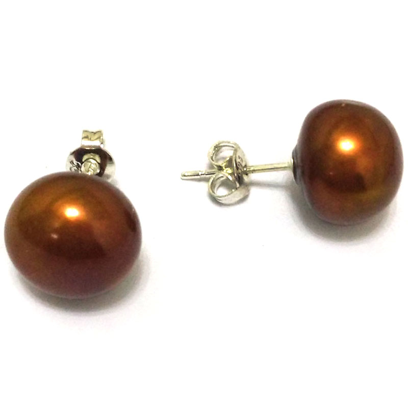 11-12mm Chocolate Natural Button Pearl Stud Earring,Sold by Pair
